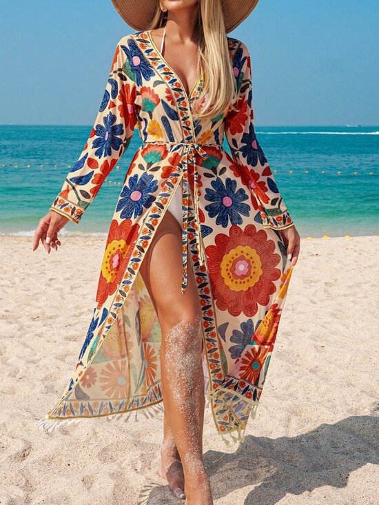 Other - Multicolor Women's Floral Print Kimono Cover Up With Detachable Belt